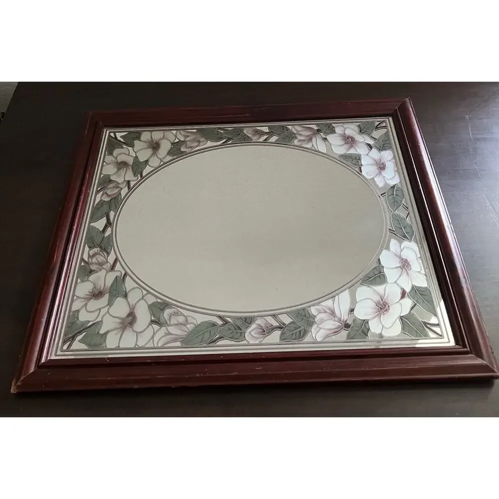 Vtg Romantic Etched Floral Flower Magnolia Oval Mirror Wood Frame Granny Retro